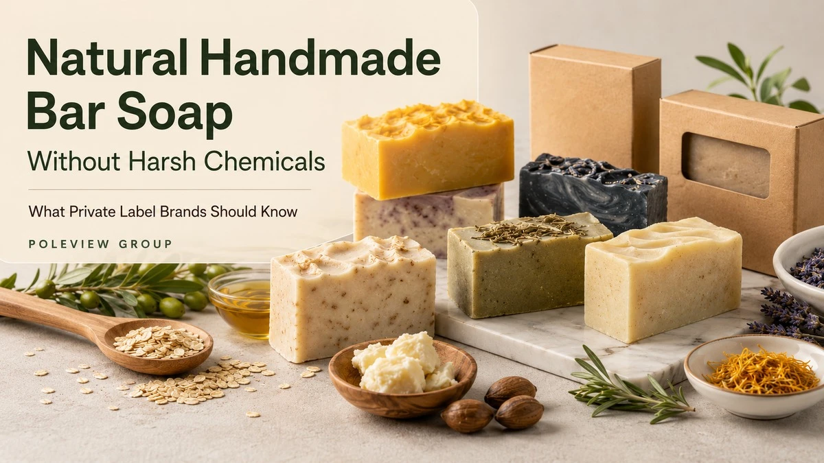 Natural handmade bar soap without harsh chemicals for private label brands with botanical ingredients and kraft packaging Natural handmade bar soap without harsh chemicals for private label brands with botanical ingredients and kraft packaging